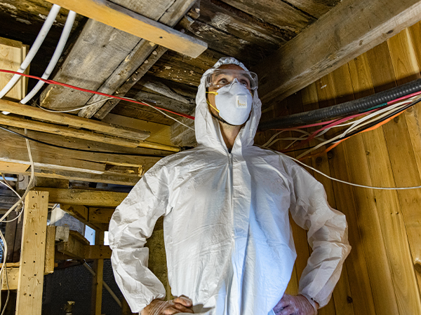 Technicien Be-Di en combinaison blanche analysant le bois pour un diagnostic termites