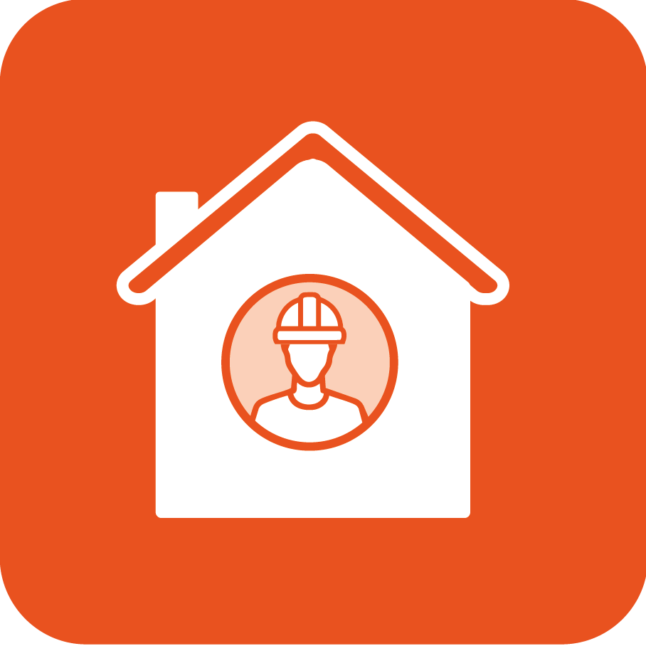 Pictogramme associé à "Be-Di". Icône composé d'une maison blanche stylisée avec un toit triangulaire, dans un fond orange. A l'intérieur de la maison, il y a un rond orange avec le symbole