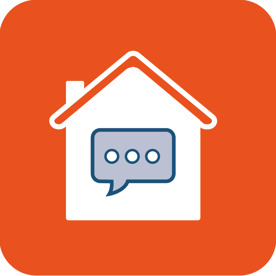 Pictogramme associé à "Be-Di". Icône composé d'une maison blanche stylisée avec un toit triangulaire, dans un fond orange. A l'intérieur de la maison, il y a un une bulle de dialogue orange représentant les Conseils sur mesure de l'équipe de Be-Di.