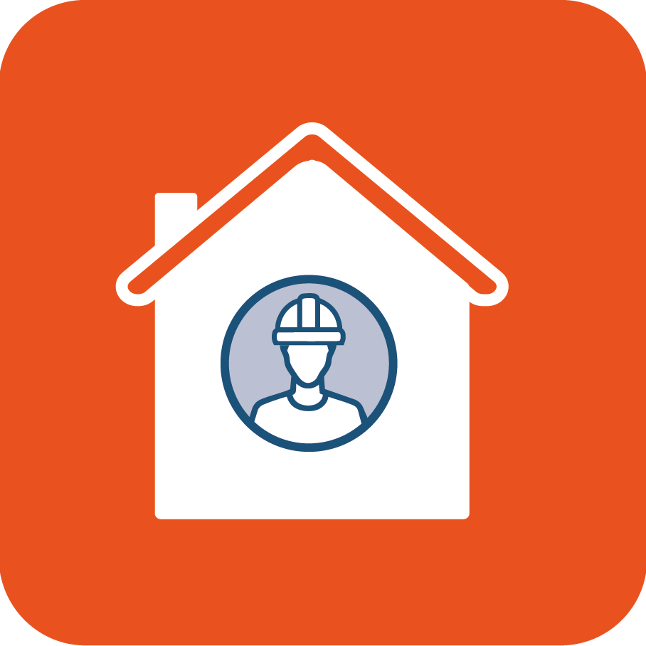 Pictogramme associé à "Be-Di". Icône composé d'une maison blanche stylisée avec un toit triangulaire, dans un fond orange. A l'intérieur de la maison, il y a un rond orange avec le symbole