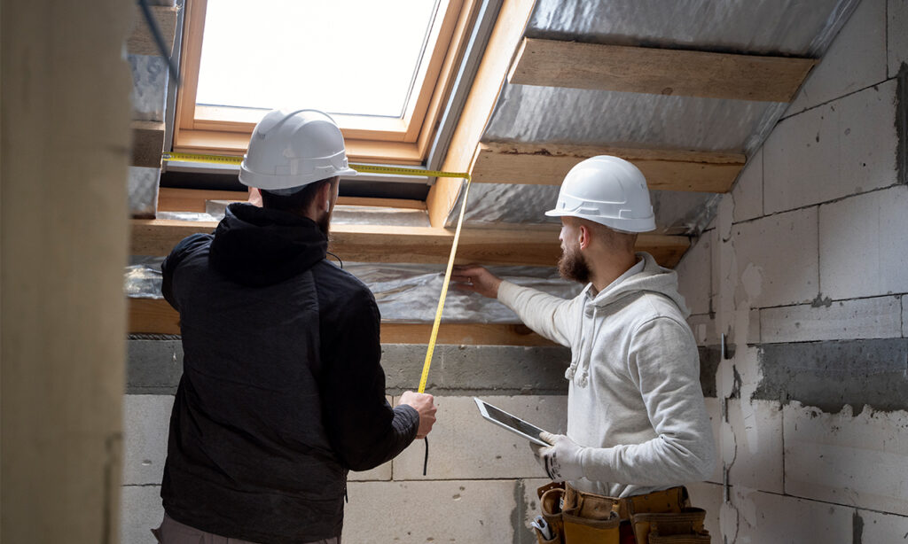 Deux techniciens Be-Di en chantier s'assurant des bons matériaux pour la rénovation immobilière, article