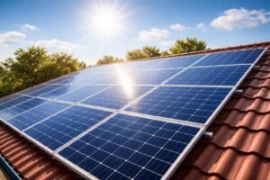 Panneaux photovoltaïques installés sur le toit d’une maison, exposés au soleil pour produire de l’électricité solaire.