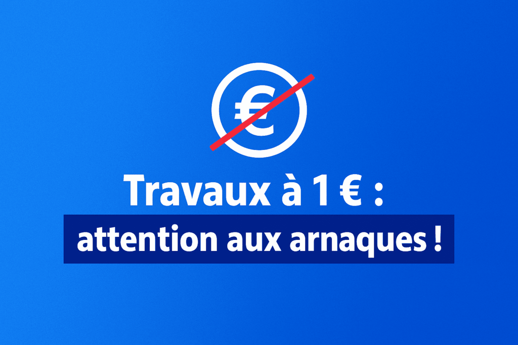 Visuel « Travaux à 1 € : attention aux arnaques ! » avec symbole euro barré sur fond bleu.
