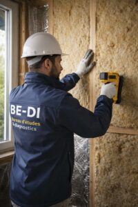 Technicien Be-Di en casque mesurant une paroi isolée lors d’une rénovation énergétique.
