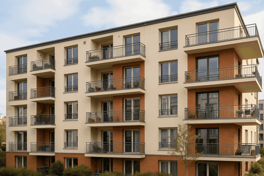 Immeuble en copropriété pour un Diagnostic Technique Global avec balcons, façade claire et briques, vu de l’extérieur.