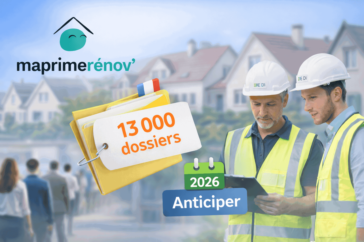 Visuel MaPrimeRénov’ annonçant « 13 000 dossiers » et « Anticiper 2026 », avec mon accompagnateur rénov'.