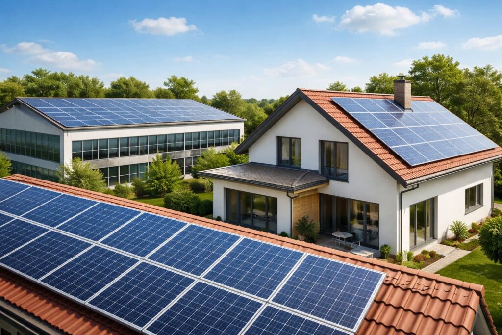 Maisons et bâtiments modernes équipés de panneaux photovoltaïques sur les toits, produisant de l’énergie solaire dans un environnement verdoyant.
