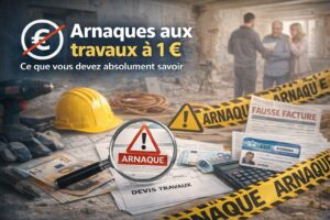 Visuel d’alerte « Arnaques aux travaux à 1 € » avec loupe sur “ARNAQUE”, ruban de warning, devis travaux et fausse facture.