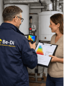 Technicien Be-Di réalisant un audit énergétique avec caméra thermique, en échange avec une cliente devant un ballon d’eau chaude.