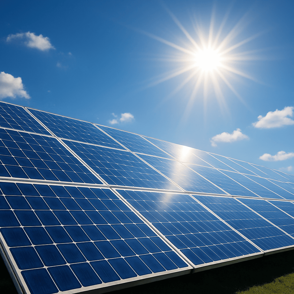 Panneaux photovoltaïques au soleil sous un ciel bleu, production d’électricité solaire.