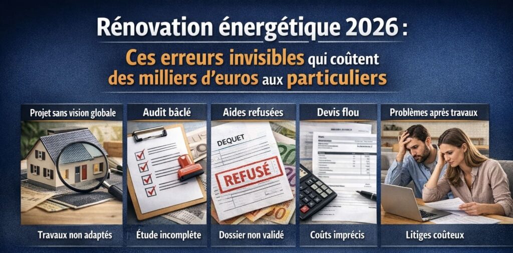 Rénovation énergétique 2026 : 5 erreurs invisibles coûteuses (audit, aides, devis, travaux).