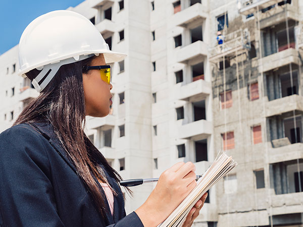 Technicienne Be-Di prenant des notes pour un diagnostic énergique complet d'une maison, énergie